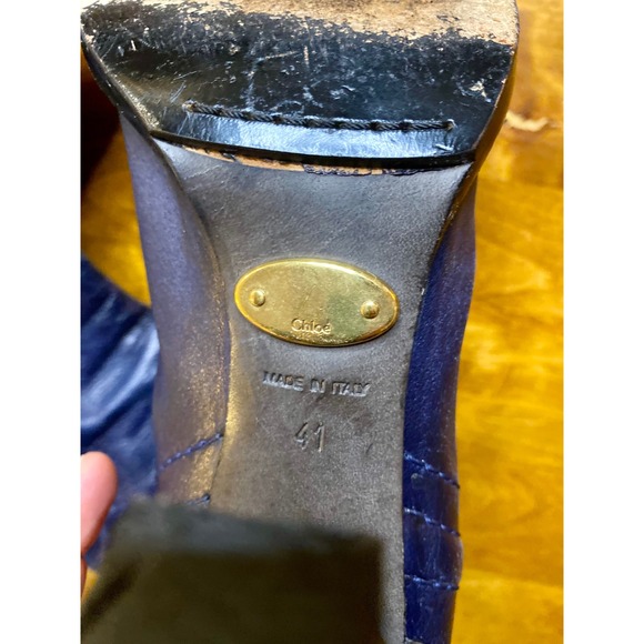 Chloe Navy Blue Leather Ankle Boots Block Heel Zip Up Made in Italy Size 41 - Picture 5 of 11